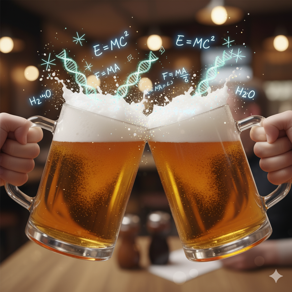 Two amber beer glasses clinking, with tiny equations and DNA spirals floating in the foam