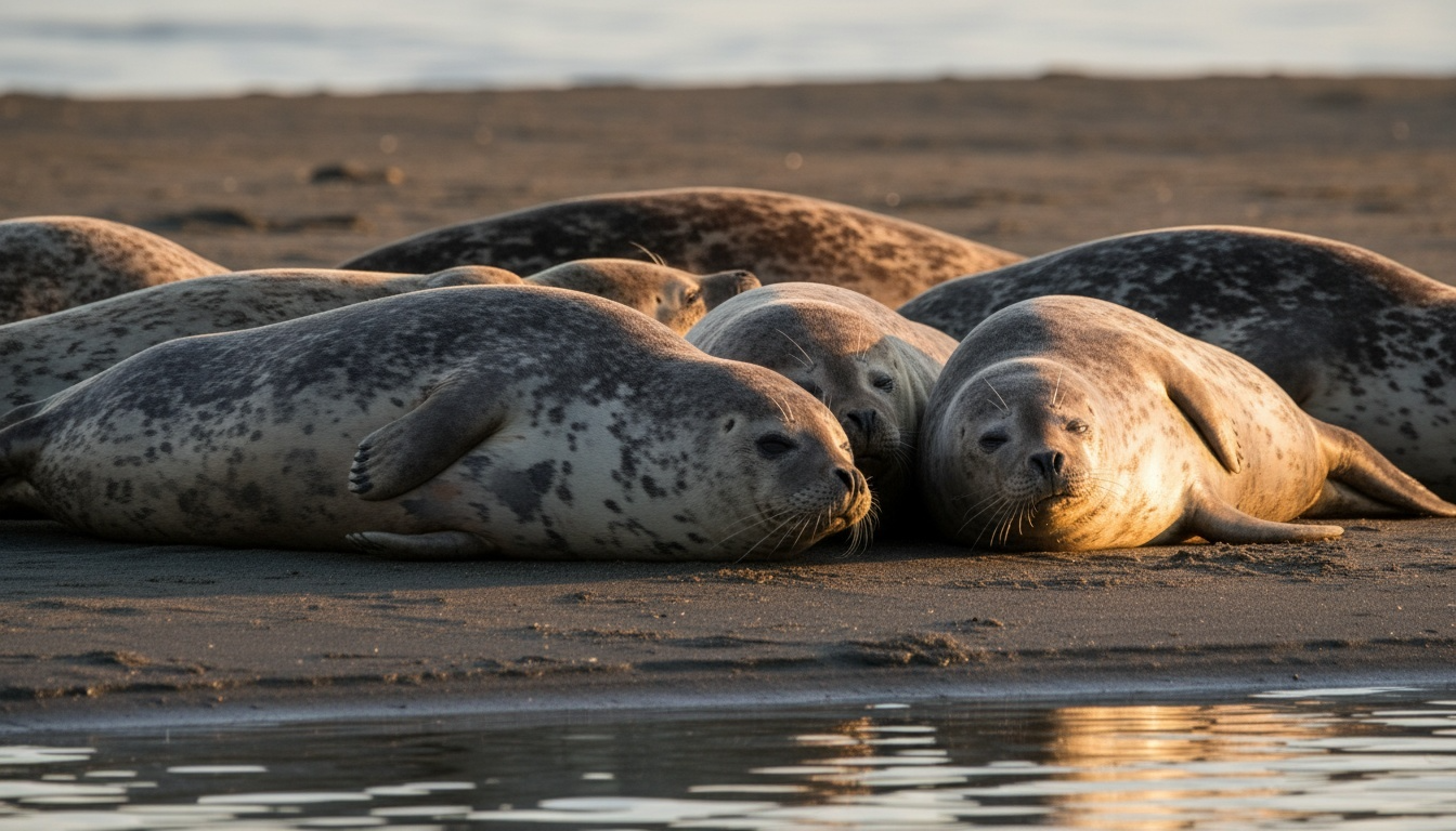 Harbor seals gathered on sandbar in Alsea Bay, Waldport Oregon